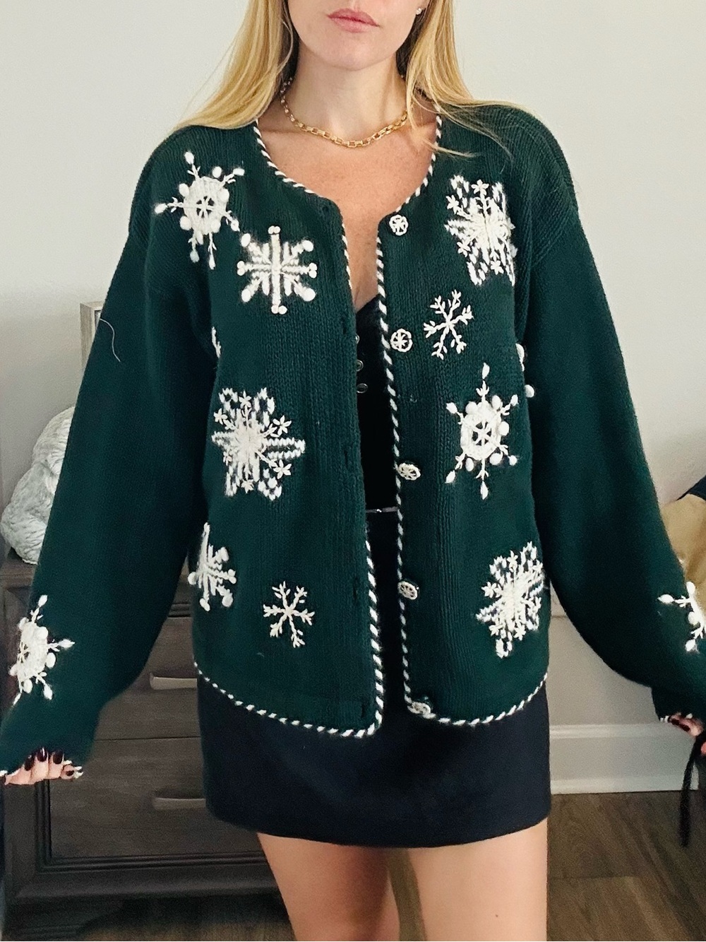 Dark Green Snowflake Button-Front Women's Sweater Cardigan